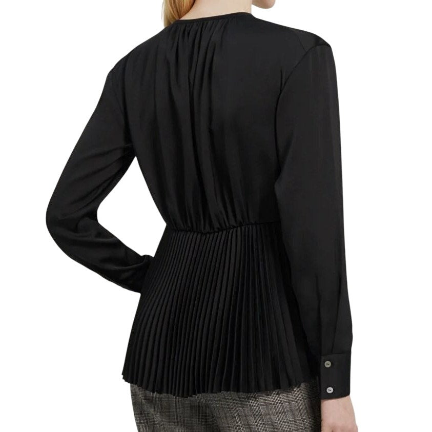 Theory Women's Black Satin Self-Tie Pleated Peplum Hem Blouse, Size Medium