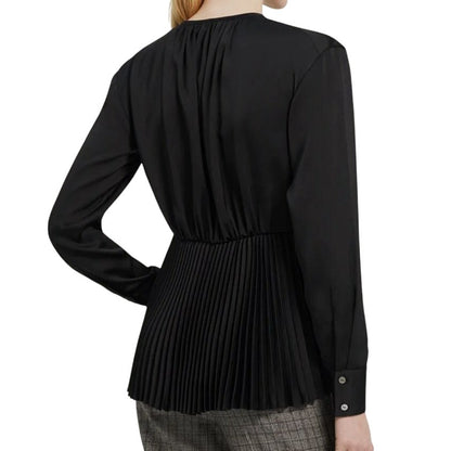 Theory Women's Black Satin Self-Tie Pleated Peplum Hem Blouse, Size Medium