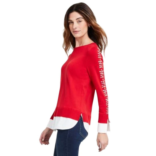 Jones New York Women's Layered Look Embellished-Sleeve Sweater in Deep Rouge Red