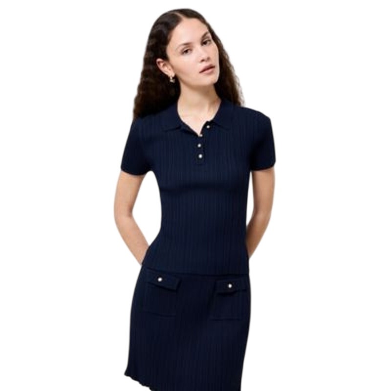 French Connection Women's Ribbed Knit Polo Top in Marine Blue