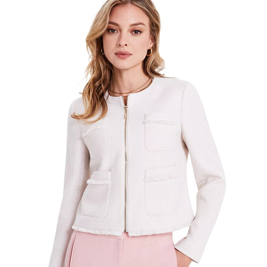 Bar III Women's Textured Fringed Cropped Zip Blazer in White Multi