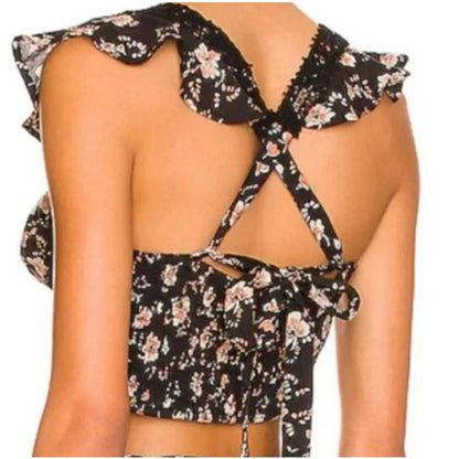 Free People Ladies Black & Pink Floral Print Sleeveless Crop Top