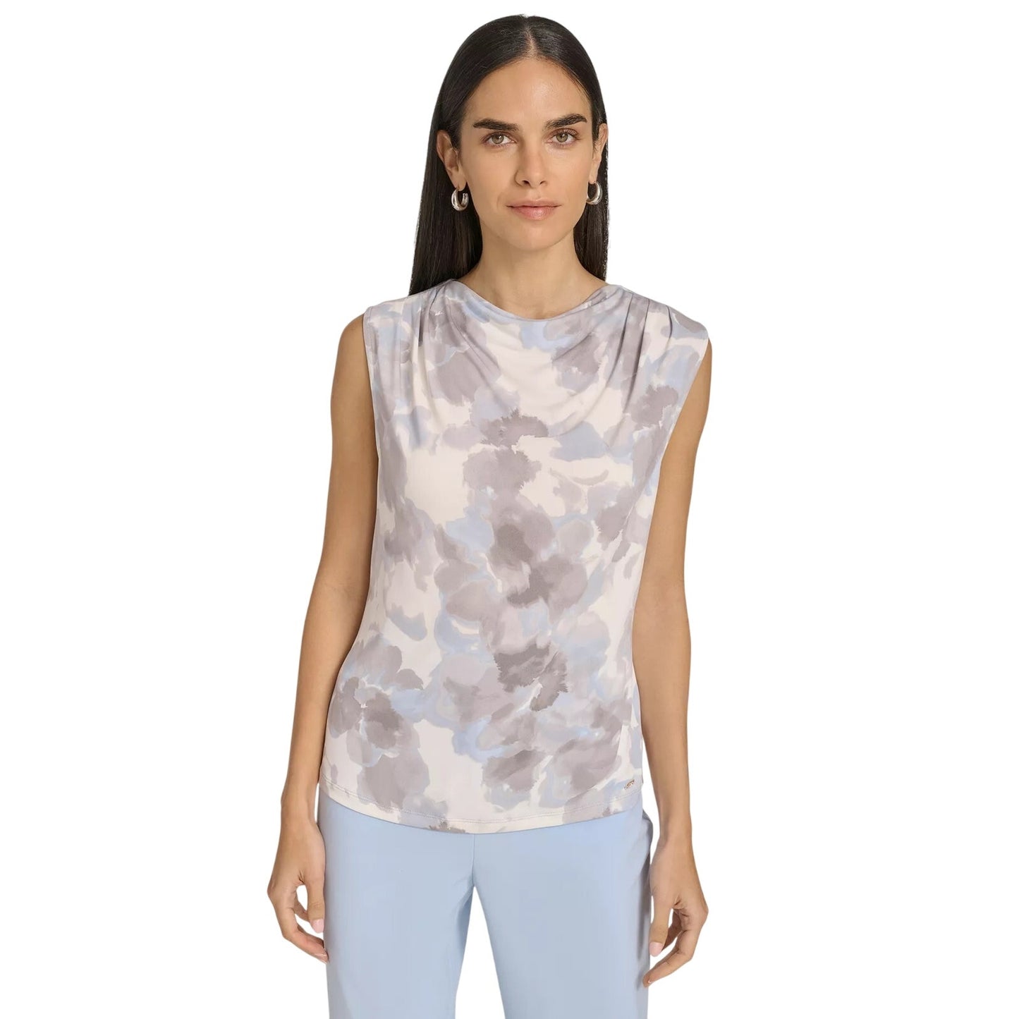 Calvin Klein Women's Petite Draped-Neck Sleeveless Top in Gray Dye Print