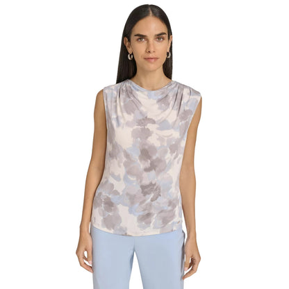 Calvin Klein Women's Petite Draped-Neck Sleeveless Top in Gray Dye Print