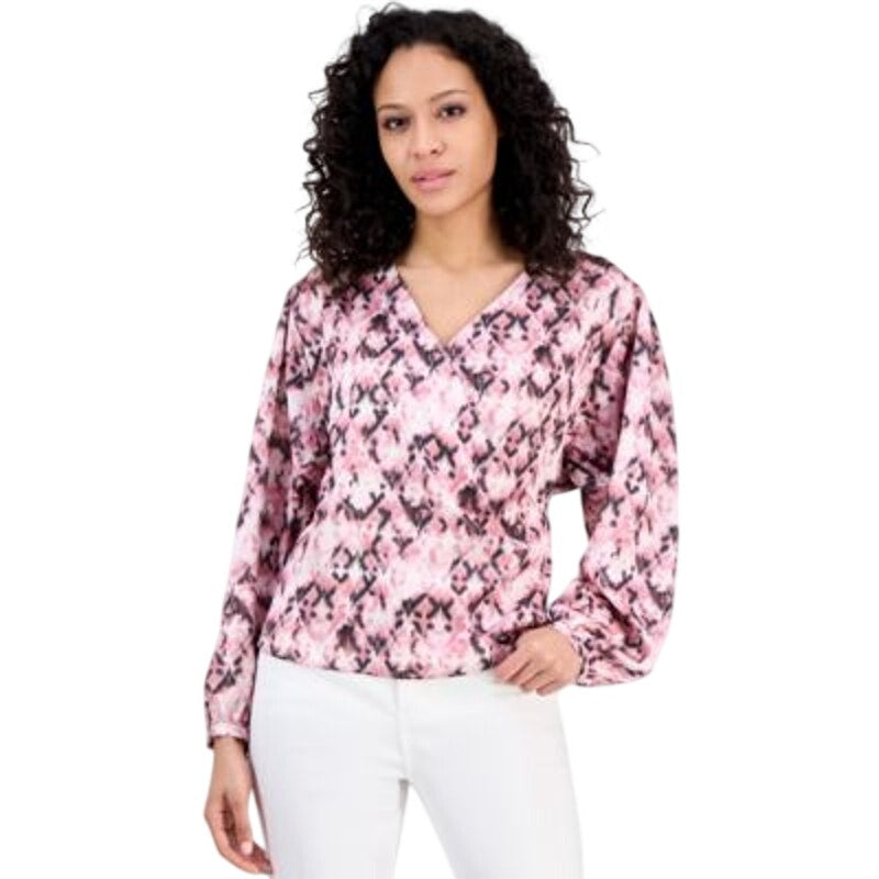 HUGO BOSS Orange Women's Faux-Wrap Buttoned-Cuff Top in Pink Aztec