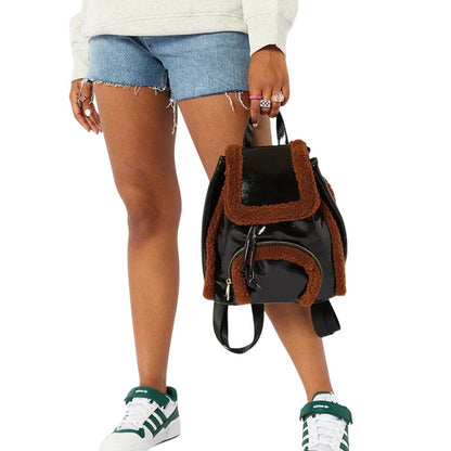 SKINNYDIP LONDON Women's Black & Brown "Scarlett" Small Fluff Trim Backpack