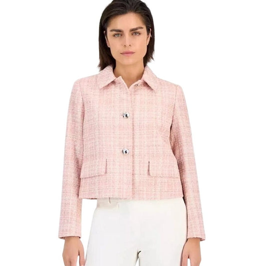 Anne Klein Women's Cropped Button-Front Blazer Jacket in Peony Pink Multi