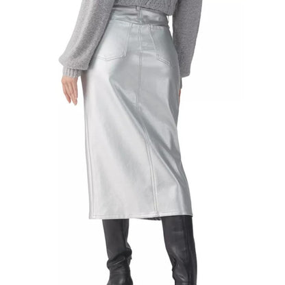 INC International Concepts Women's Metallic Faux-Leather Midi Skirt in Silver