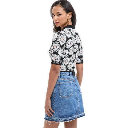 HUGO BOSS Women's Floral Mock-Neck Knit Cropped Sweater in Black White