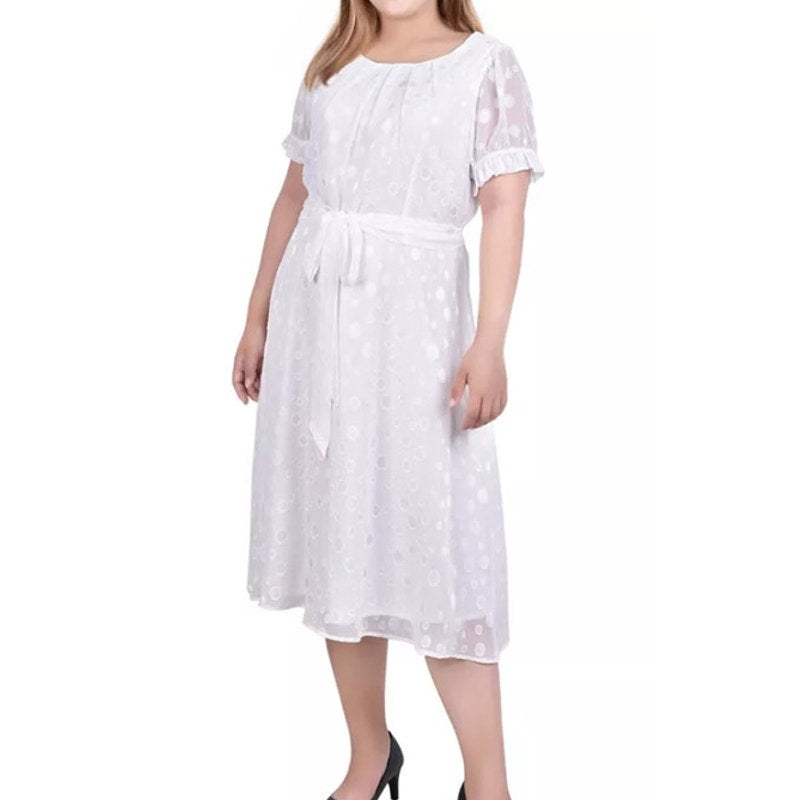 NY Collection Women's Plus Size Short Sleeve Midi Dress in Ivory Circle Print