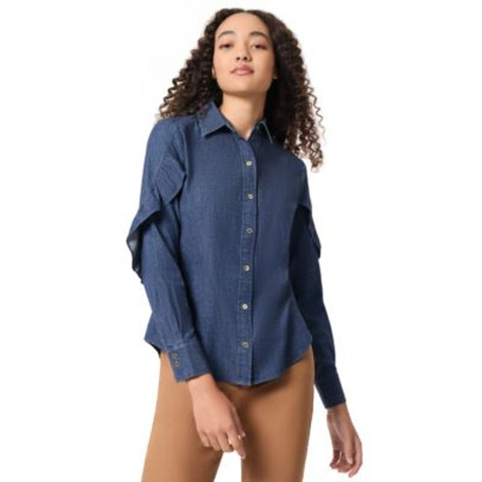 Jones New York Women's Ruffled-Sleeve Button-Front Top in Dark Wash Denim