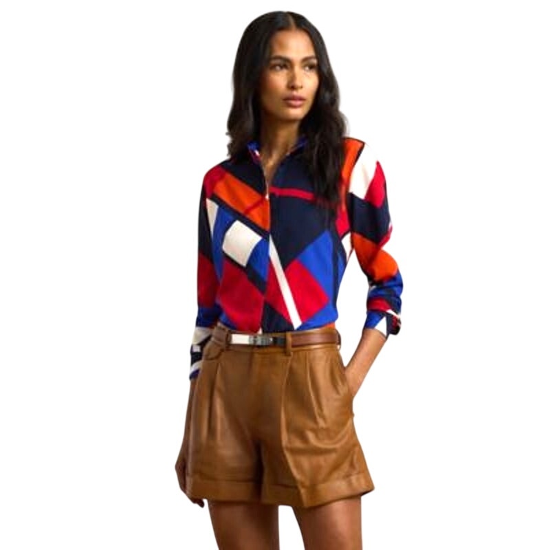 Lauren Ralph Lauren Petite Printed Collared Button-Front Top in Blue Multi