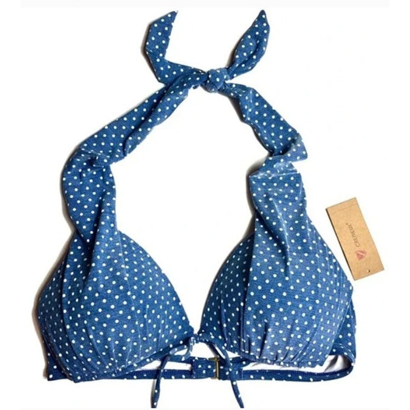 CREMIEUX Ladies Dusty Blue & White Polka Dot Halter Triangle Bikini Top, Size L