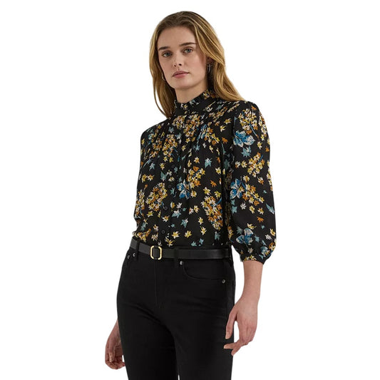 Lauren Ralph Lauren Women's Ruffled Floral Shirt in Black, Yellow & Blue, XL