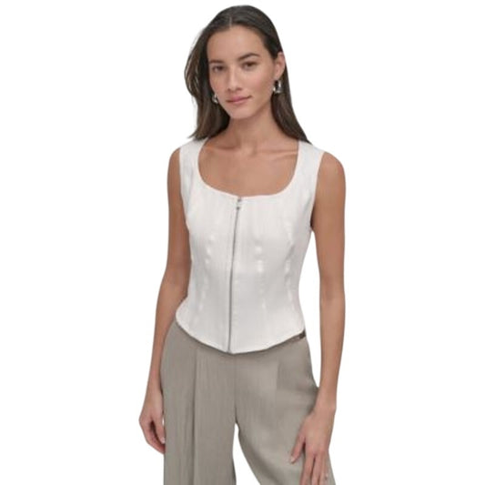 DKNY Women's Front-Zip Scoop-Neck Sleeveless Top in Ivory