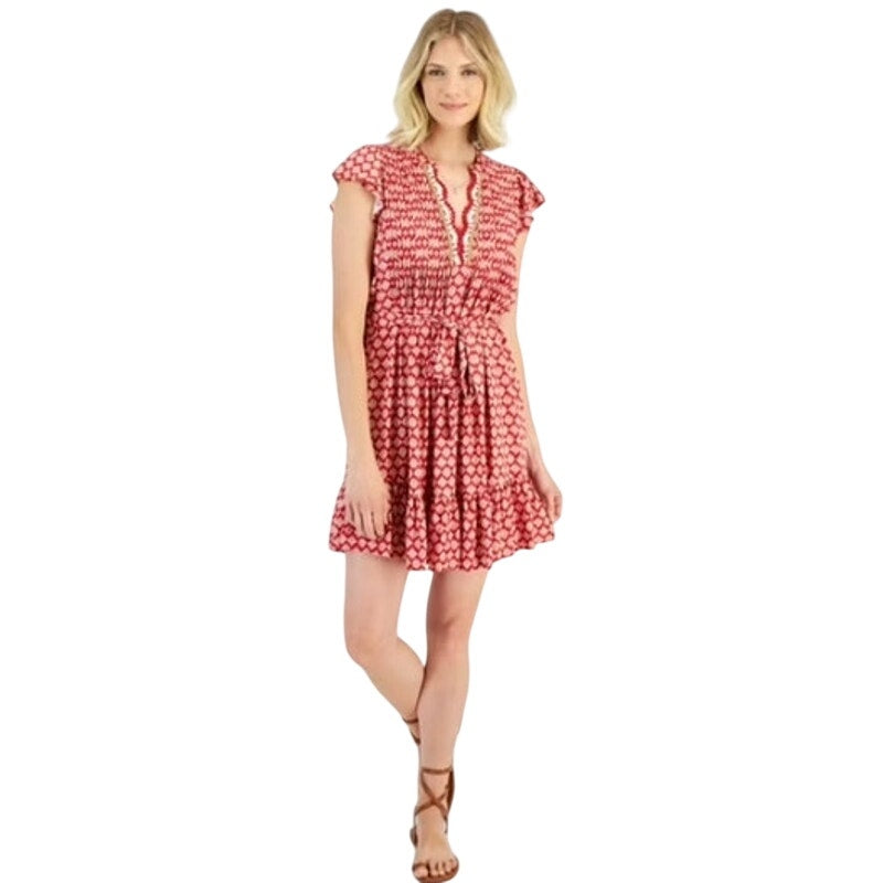 Nautica Jeans Women's Crochet-Trim Flutter Sleeve Dress in Samba Red