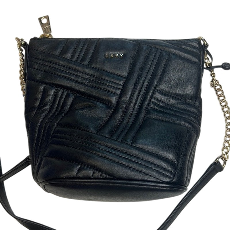DKNY Quilted Black Leather Bucket Bag, Crossbody Strap, Gold Hardware