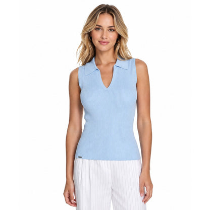 Calvin Klein Women's Sleeveless Collared V-Neck Top in Light Sky