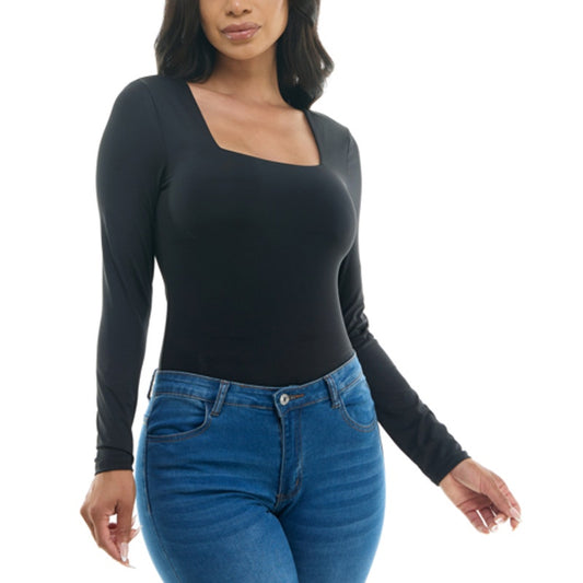 Crave Fame Juniors Square Neck Long Sleeve Bodysuit in Black