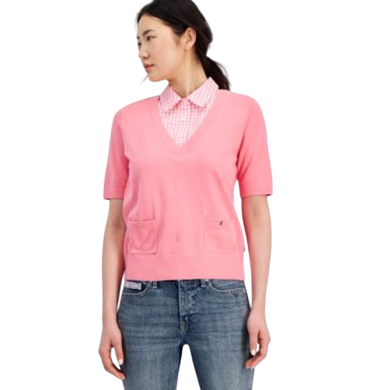 Tommy Hilfiger Women's Short Sleeve Layered Top in Pink Gingham