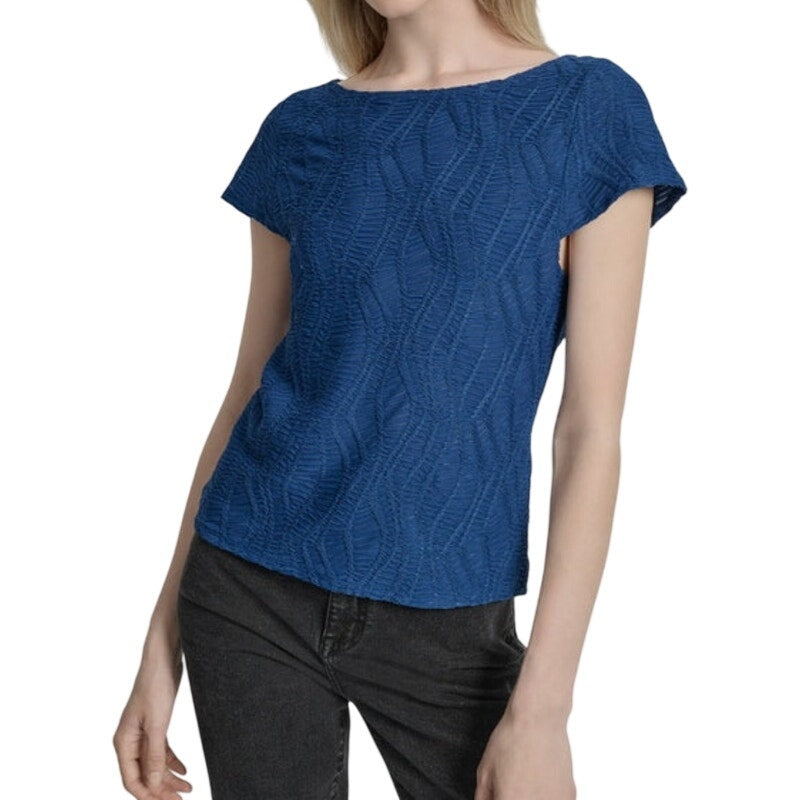 DKNY Women's Textured Boat-Neck Shirred Print Top in Cadet Blue
