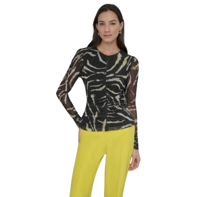 DKNY Women's Printed Mesh Long-Sleeve Top in Acid Yellow Black Multi