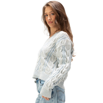 Free People Women's Washed Cable-Knit V-Neck Sweater in Pale Blue, Size XL