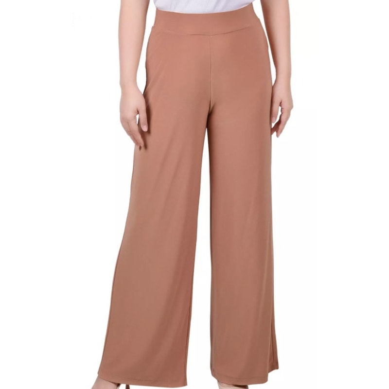NY Collection Women's Petite Short Wide-Leg Palazzo Pants in Camel Brown