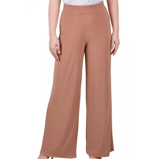 NY Collection Women's Petite Short Wide-Leg Palazzo Pants in Camel Brown