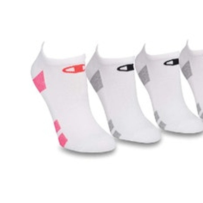 Champion 6 Pack, White Ankle Socks w/ Pink, Gray, & Black Details, OSFM