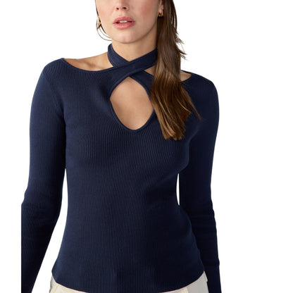 Sanctuary Women's Crisscross Around The Neck Ribbed Top in Navy Blue Reflection