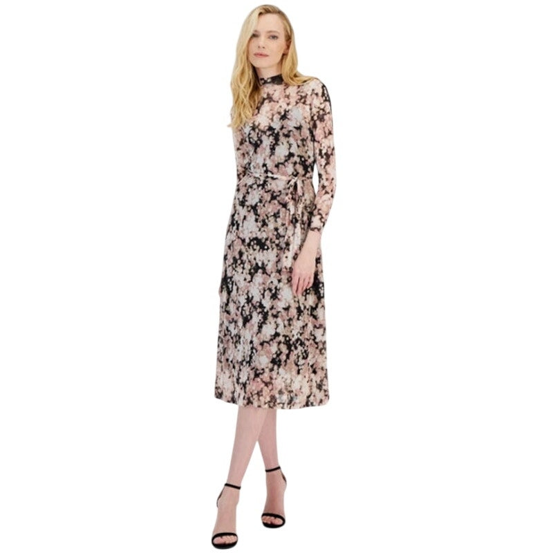 Anne Klein Women's Sheer Mesh 3/4-Sleeve Mock-Neck Midi Dress in Pink Black