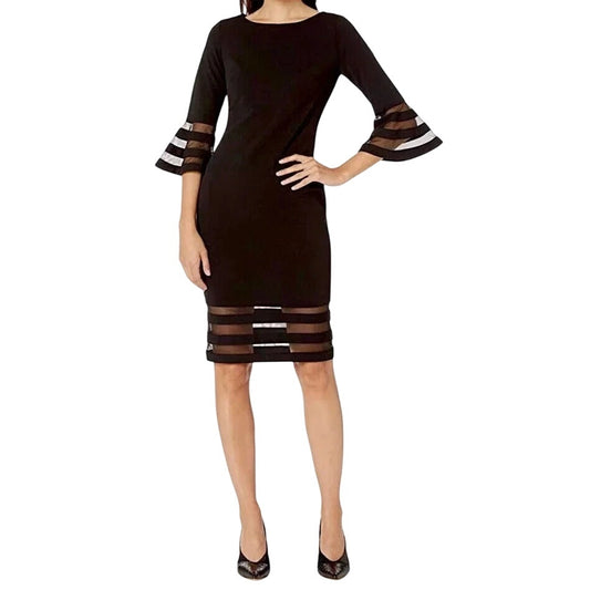 Calvin Klein Black Illusion Mesh Bell Sleeve Stretch Crepe Sheath Dress