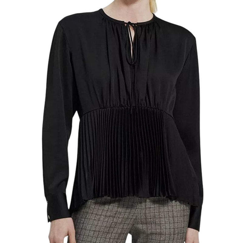 Theory Women's Black Satin Self-Tie Pleated Peplum Hem Blouse, Size Medium