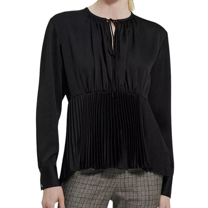 Theory Women's Black Satin Self-Tie Pleated Peplum Hem Blouse, Size Medium