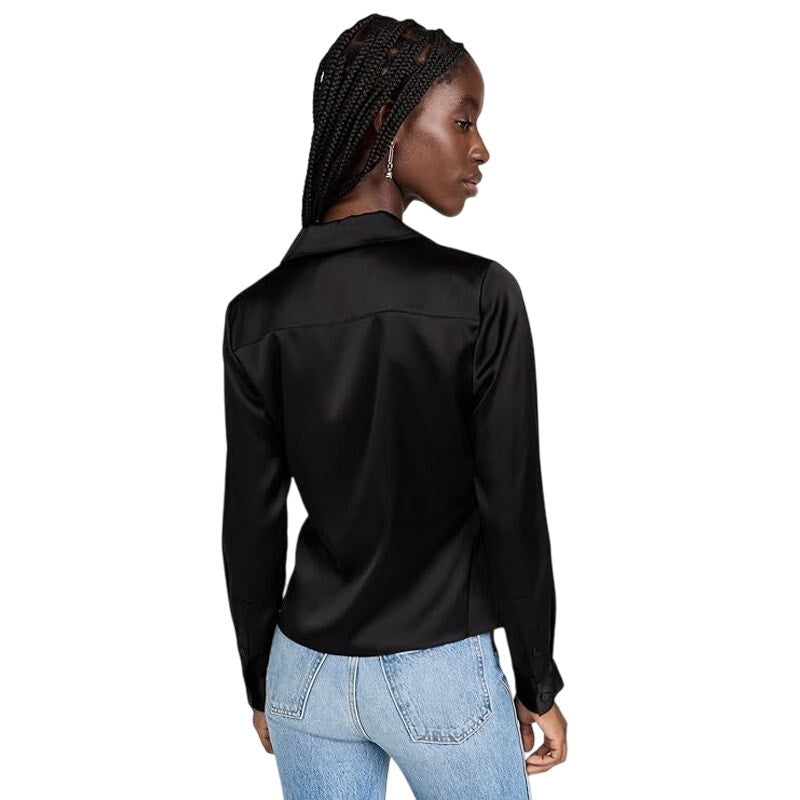 Theory Women's Ruched Button-Up Shirt in Satin Black, Size Large