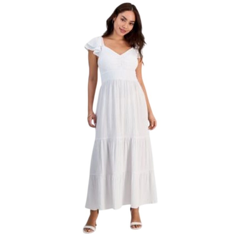 JAMIE & LAYLA Women's Petite Sweetheart Tiered Flutter Sleeve Midi Dress White