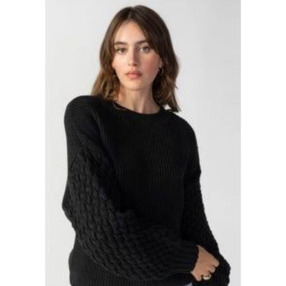 SANCTUARY Women's Drop-Shoulder Cable-Sleeve Sweater Black