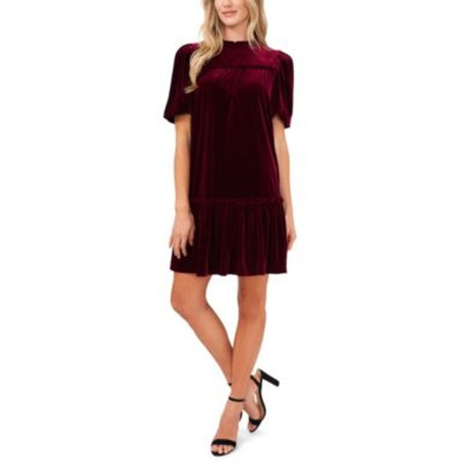 CeCe Women's Short Sleeve Velvet Midi Dress in Majestic Wine Red