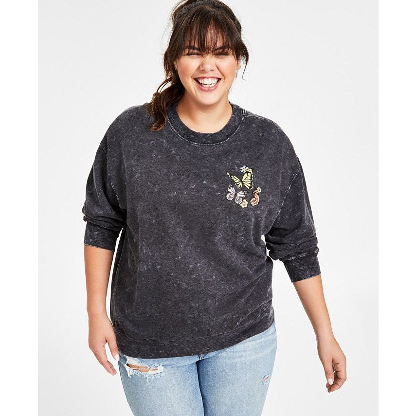 Rebellious One Juniors Trendy Plus Distressed Graphic Black Sweatshirt
