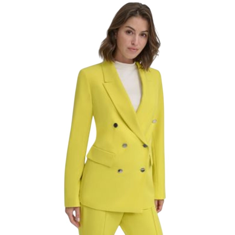 DKNY Women's Petite Classic Double-Breasted Blazer Jacket in Acid Yellow