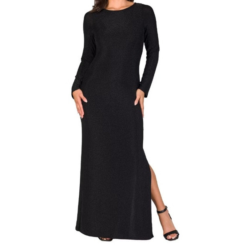 24seven Women's Long-Sleeve Side-Split Maxi Dress in Black Shimmer