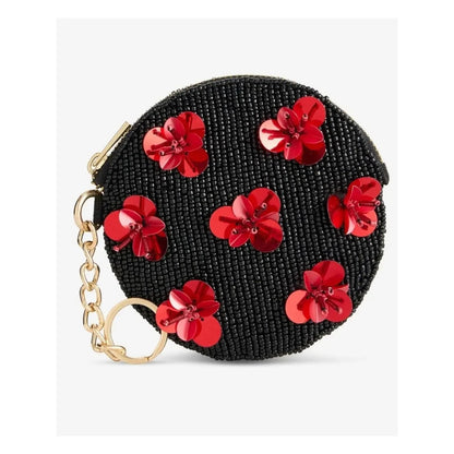 On 34th Black Red Floral Hand Beaded Round Coin Purse
