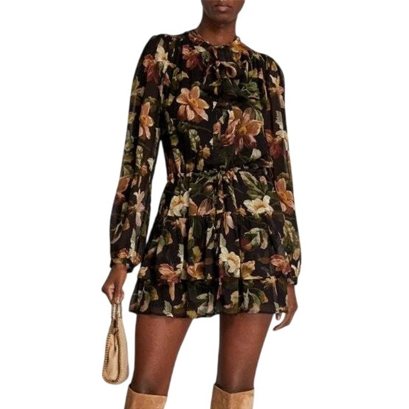 PAIGE Women's Elynne Pure Silk Tiered Mini Dress in Black Tan Floral Print