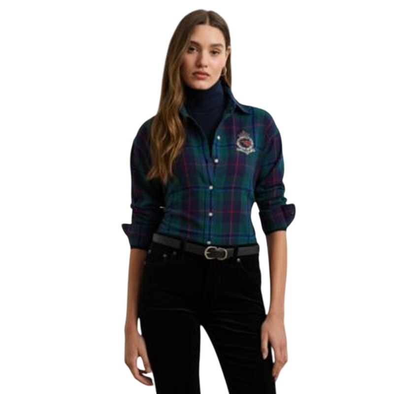 Lauren Ralph Lauren Women's Relaxed-Fit Button-Front Top in Black Watch Green