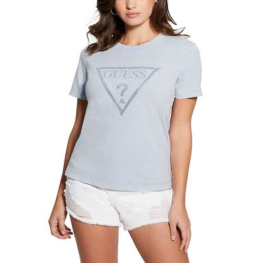 GUESS Women's Studded Logo Cotton Top in Arctic Sky Blue