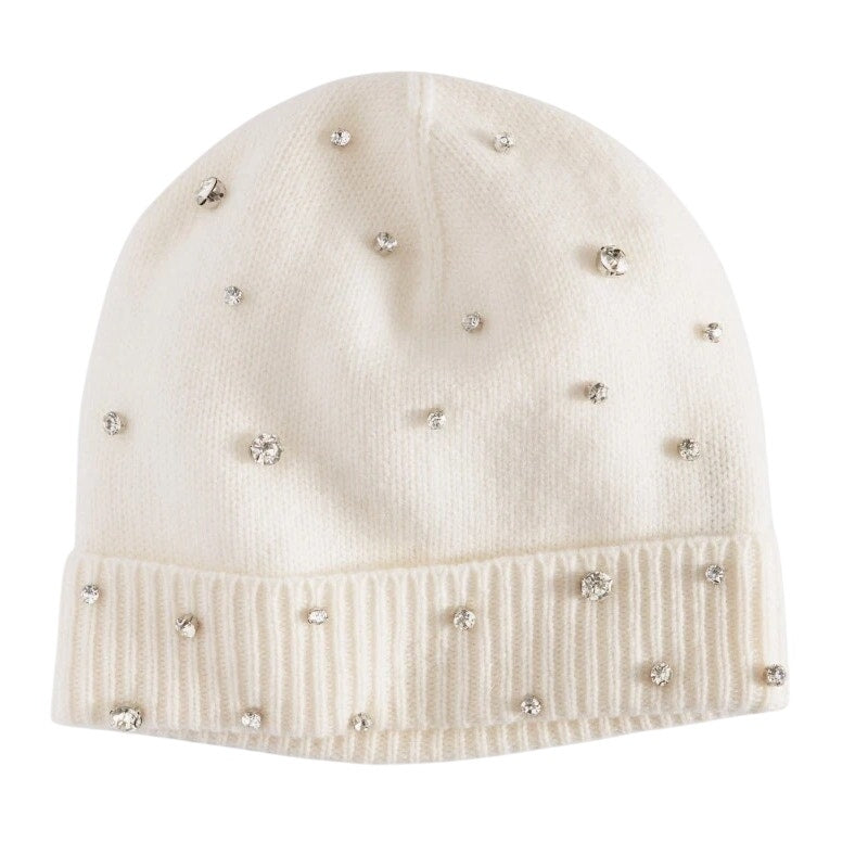 Charter Club 100% Cashmere Embellished Cuffed Beanie in White Vanilla Ice