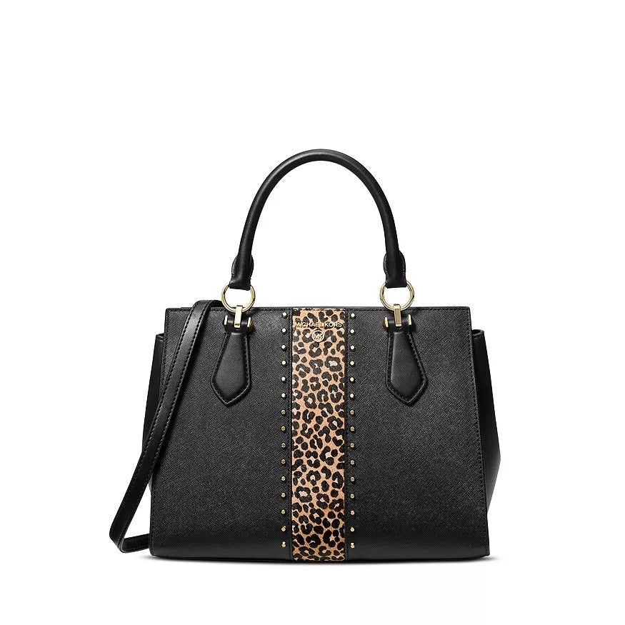MICHAEL Michael Kors "Marilyn" Medium Satchel in Black Tan Leopard Print