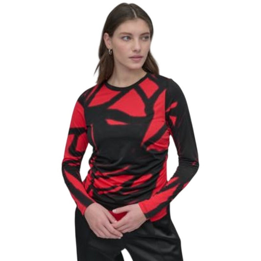 DKNY Women's Printed Crewneck Top in Red & Black Floral Graffiti Print