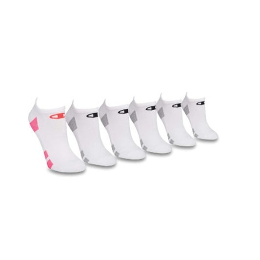 Champion 6 Pack, White Ankle Socks w/ Pink, Gray, & Black Details, OSFM